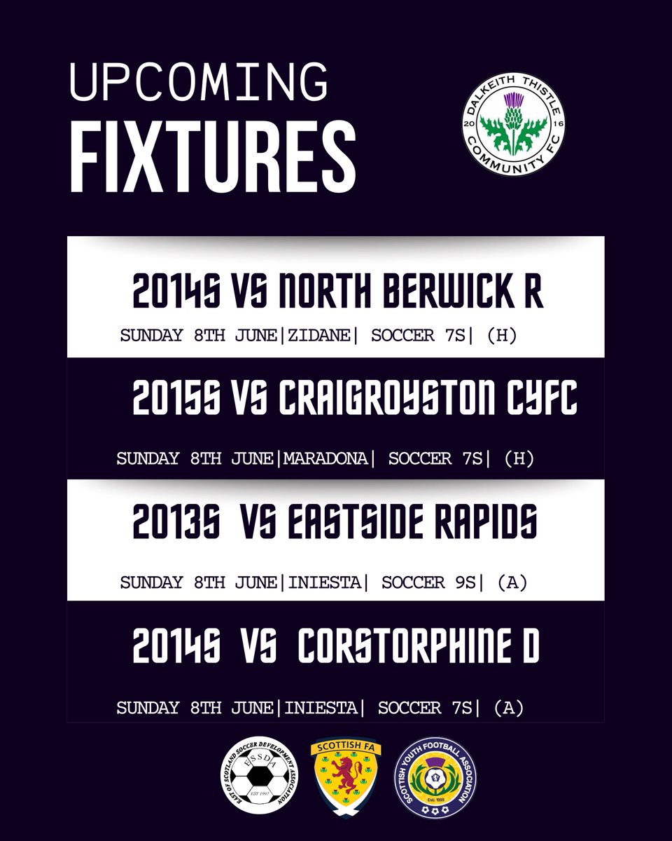 DalkeithCFC's tweet image. ⚫️⚪️ Another Sunday full of football for our @ESSDAfootball @ScottishYouthFA teams!

Best of luck to all our young players and coaches — enjoy the matches and play with a smile! ⚽️

#DalkeithThistle #ESSDA