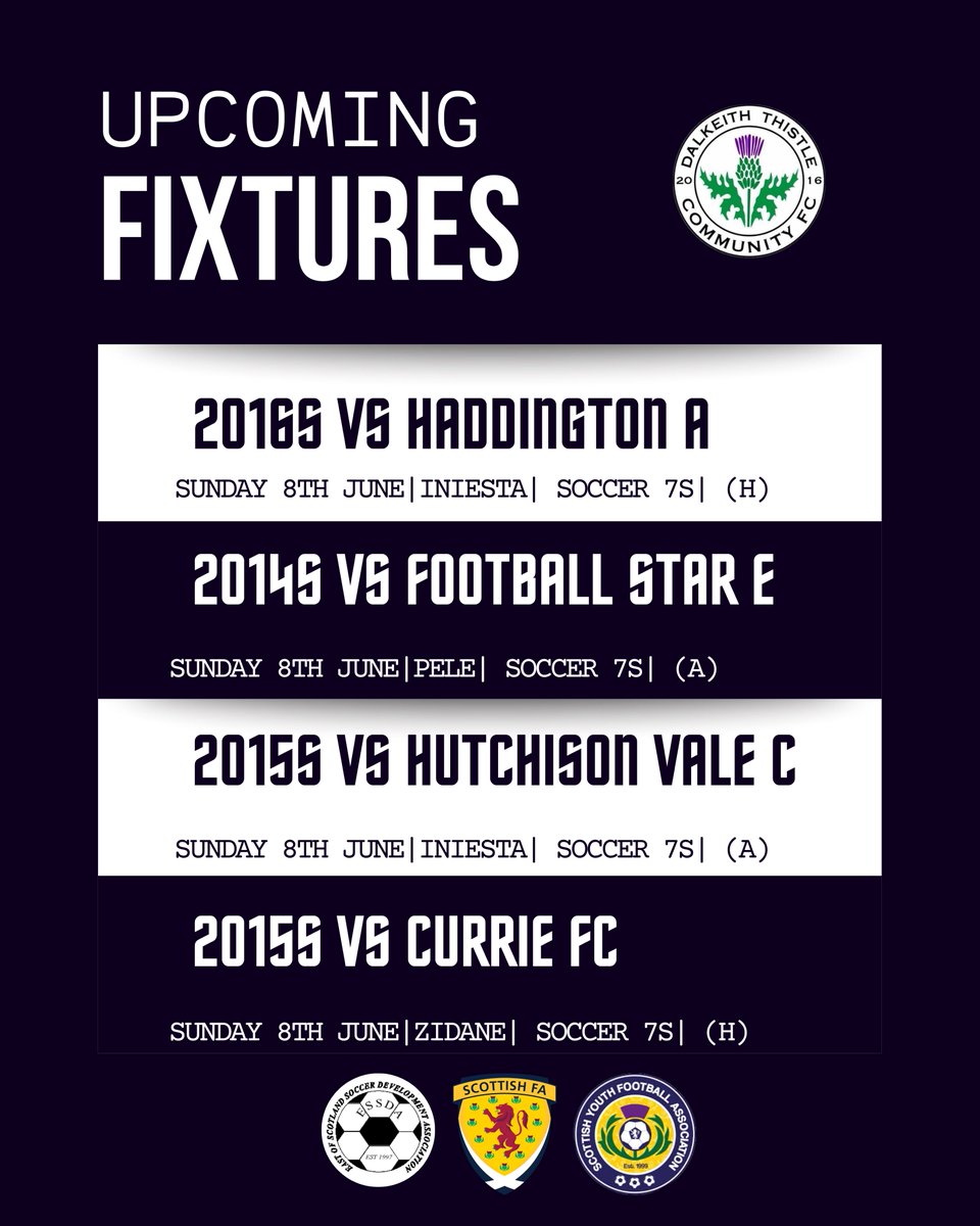 DalkeithCFC's tweet image. ⚫️⚪️ Another Sunday full of football for our @ESSDAfootball @ScottishYouthFA teams!

Best of luck to all our young players and coaches — enjoy the matches and play with a smile! ⚽️

#DalkeithThistle #ESSDA