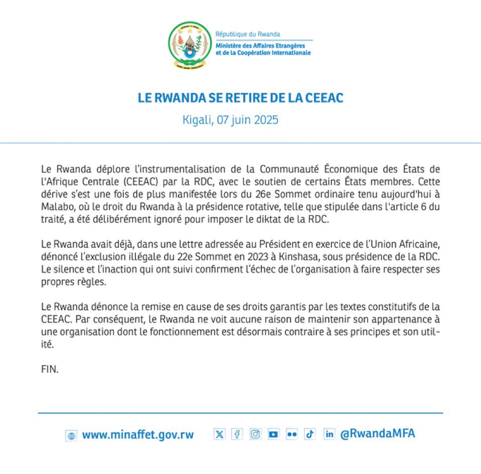 balagizi_moses's tweet photo. #CEAAC
Le retrait du Rwanda de la Communauté économique des États de l'Afrique centrale (#CEEAC) ne surprend guère, étant donné les violations continues des principes fondamentaux qui régissent cette organisation régionale. En effet, comment un pays peut-il prétendre diriger ou participer activement à une organisation régionale qui promeut la coopération, la paix et la stabilité, tout en étant accusé de déstabiliser la région par ses actions ? Le Rwanda est actuellement pointé du doigt pour son implication dans des conflits dans la région des Grands Lacs, notamment en République démocratique du Congo. Ces actions sont contraires aux principes de souveraineté, d'intégrité territoriale et de non-ingérence qui sont les fondements de la #CEEAC.
Il est donc logique que le Rwanda ait décidé de se retirer d'une organisation qui ne correspond pas à ses actions et à ses intérêts. Cependant, cela ne change rien au fait que les actions du Rwanda ont des conséquences dévastatrices pour la région et ses populations.
Nous continuons à demander aux autres organisations régionales de ne plus tolérer le comportement du Rwanda et d'adopter une position ferme contre les actions déstabilisatrices de ce pays.
J’appelle également l'Union africaine (UA) à prendre des mesures concrètes pour faire respecter sa charte constitutive, qui est actuellement violée par le Rwanda.
Il est temps que l'UA prenne des mesures pour garantir le respect des principes de souveraineté, d'intégrité territoriale et de non-ingérence, et pour prévenir les actions déstabilisatrices de certains pays membres. La stabilité et la sécurité de la région des Grands Lacs dépendent de la capacité de l'UA à faire respecter ses principes fondamentaux.
@_AfricanUnion @RFIAfrique @jeune_afrique @AFRICA24TV @CEEAC_ECCAS @SADC_News @CIRGL_Rdc @PrimatureRDC @RDC_Minafet @kayikwambaT @Presidence_RDC @SamAdubango20 @HonGraciaYamba @TinaSalama2
