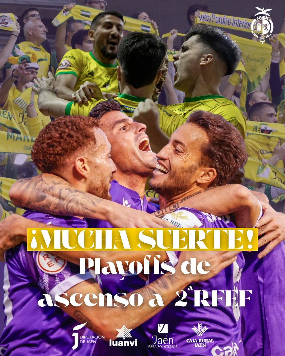 Jaén Paraíso Interior FS (@jaenfs) on Twitter photo 💪 ¡Mucha suerte al <a href="/RealJaenCF/">Real Jaén C.F.</a> en su partido de esta tarde en los playoffs de ascenso a Segunda RFEF!
💛💜 Unidos para que los diferentes deportes de la provincia estén donde se merecen
#SomosJaén💛 💪 ¡Mucha suerte al <a href="/RealJaenCF/">Real Jaén C.F.</a> en su partido de esta tarde en los playoffs de ascenso a Segunda RFEF!
💛💜 Unidos para que los diferentes deportes de la provincia estén donde se merecen
#SomosJaén💛