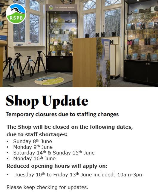 Up to date calendar of closures/opening times for The Lodge Shop, up to Monday 16th June. 👇

The Cafe is scheduled to be open all days.

Please keep checking here for any updates, and thank you for your understanding.