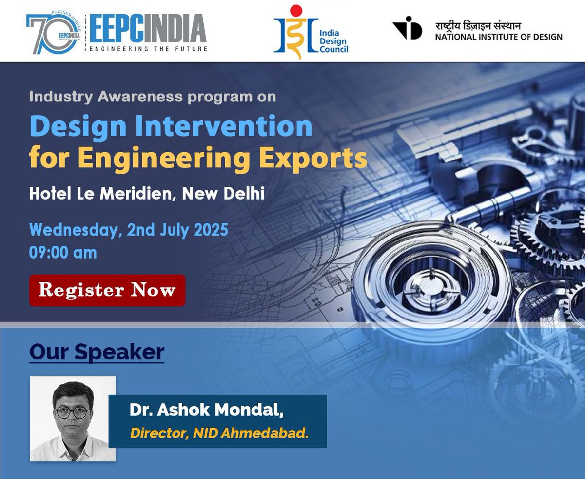 EEPC India in collaboration with National Institute of Design (NID), Ahmedabad is organizing a seminar on 

====••••••••••======••••••
“Design Intervention for Engineering Exports’’
to 
==============
discuss the challenges and opportunities in the Indian
