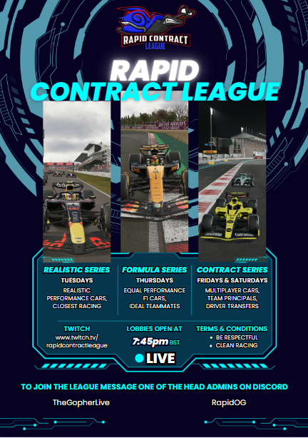 RapidUrc22984's tweet photo. Rapid Contract league is looking for drivers and team principals for the coming seasons on the F1 25 game.

If you are a league racer and looking for new experiences RCL is for you.

Series specific details on the following posts.

#formula1game #leagueracing #everyonewelcome https://t.co/L3OTHJPAkZ