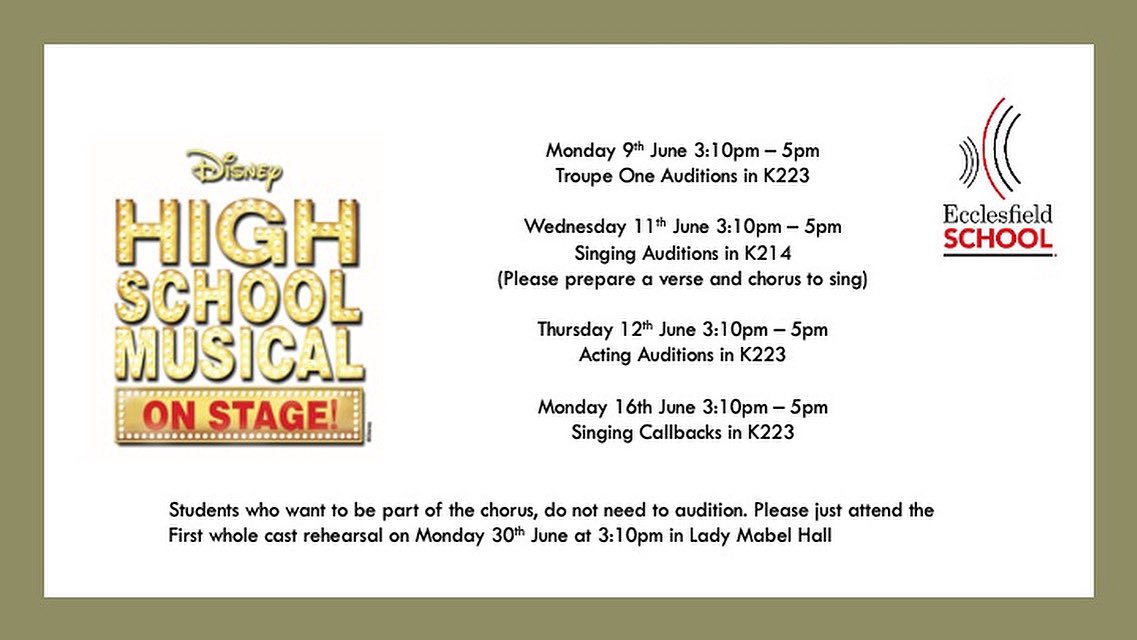 A reminder that this week is audition week for High School Musical. Please see the information attached for what is taking place this week. If you would just like to be in the chorus, you do not need to audition. 🎭