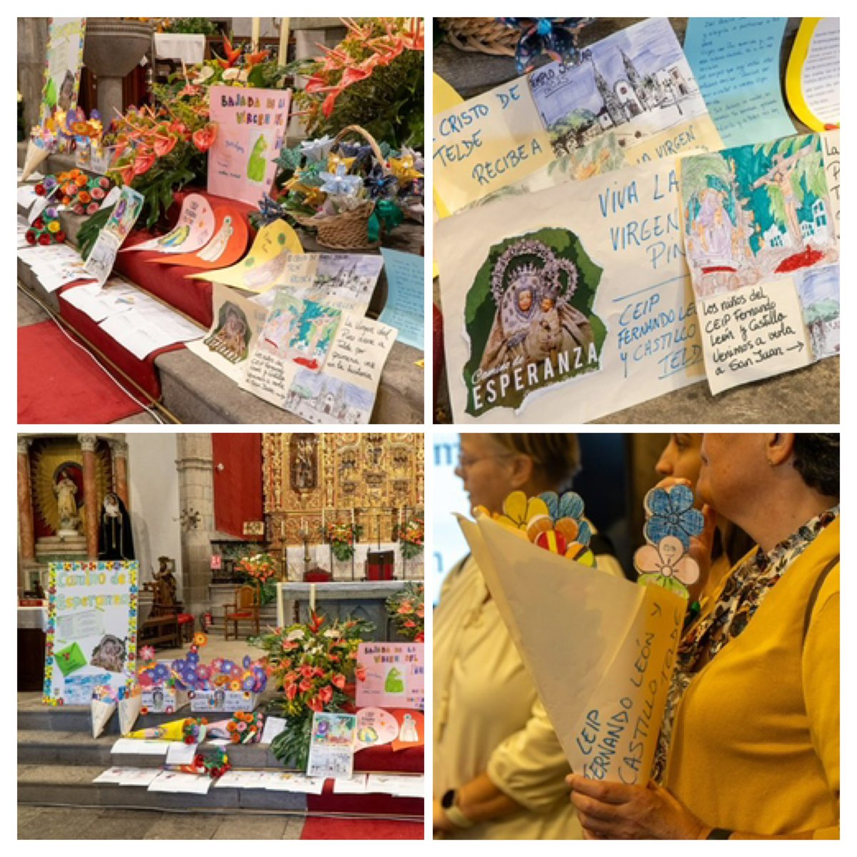 Ofrenda de trabajos de los centros escolares que asistieron a visitar a la Virgen a San Juan de Telde. CEIP Montiano Placeres, CEIP Placido Fleitas, María Auxiliadora, CEIP Poeta Fernando González, CEIP Fernando Leóny Castillo, Brains, IES José Arencibia Gil