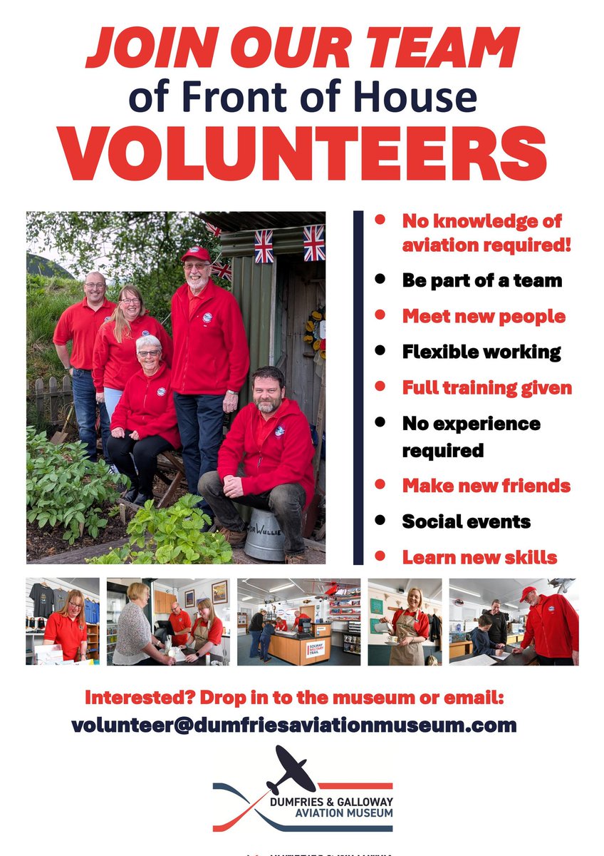 We are currently looking to recruit some #volunteers to our Front of House team.
There are more details on the poster below. If you're interested in #volunteering or wish more information please drop us an email to volunteer@dumfriesaviationmuseum.com
#dumfries #aviation #museum
