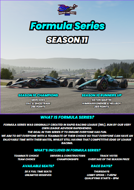 RapidUrc22984's tweet photo. Drivers needed for the RCL Formula Series. 
Team work is encouraged. 
Can you beat last season's champions and become the season 11 champion? Come and find out!!!  All details in the graphic. 
Discord link in bio!!! 
#RCL #F125 #formula1game #leagueracing https://t.co/iOqNvwksut