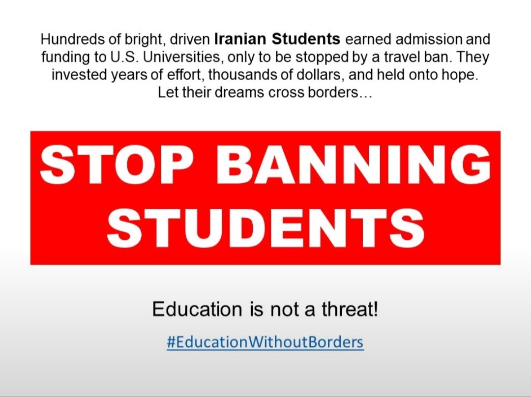 🎓 Support Iranian students banned from studying in the U.S. due to the travel ban.
→Education is not a threat←
raise your voice and share!
#EducationWithoutBorders
<a href="/realDonaldTrump/">Donald J. Trump</a> 
<a href="/elonmusk/">Elon Musk</a>