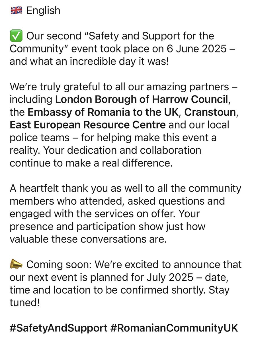 Met_MPRA's tweet photo. The second event of our ongoing campaign Safety and Security for the Romanian Community took place on Friday, 6th June 2025 with support from our partners - @harrow_council @ROEmbassyLondon @Cranstoun_org @East_Europeans

Thank you all for taking part! https://t.co/SseonhHwoC