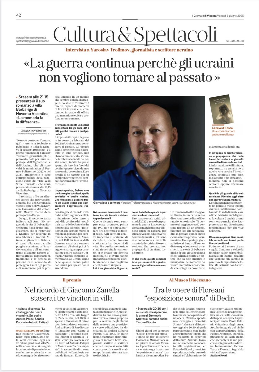 ⁦<a href="/GiornaleVicenza/">Il Giornale di Vicenza</a>⁩ ⁦<a href="/villeggendo/">villeggendo</a>⁩ ⁦<a href="/lanavediteseoed/">La nave di Teseo</a> La guerra in Ucraina parte da molto lontano e il giornalista e scrittore Yaroslav Trofimov lo racconta nel romanzo “ Non c'è posto per l'amore, qui" - pubblicato in Italia da La Nave di Teseo