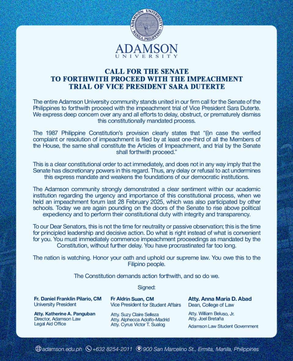 ADAMSON UNIVERSITY, PASOK!!!
Adamson University joins the growing chorus of universities calling on the Senate to "forthwith proceed" with the impeachment trial of Vice President Sara Duterte.