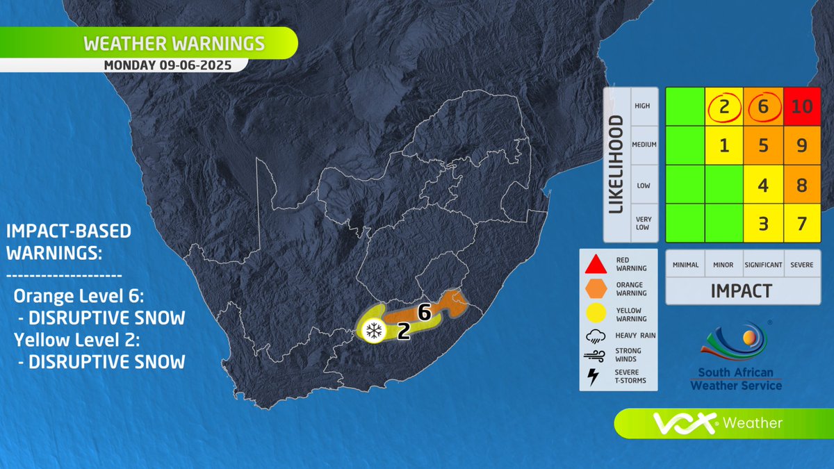 VoxWeatherZa's tweet photo. ❄️🌧️ LATEST SNOW &amp; RAIN FORECAST | 8–10 June 2025 🌧️❄️

A STRONG CUT-OFF LOW will bring HEAVY RAIN (100MM+) to parts of the Eastern Cape. 
Widespread SNOW is likely over the Eastern Cape high ground, KZN, Lesotho &amp; Drakensberg. 

Stay safe! ⚠️

#VoxWeather #SnowinSA #COL https://t.co/eZWprtzif1