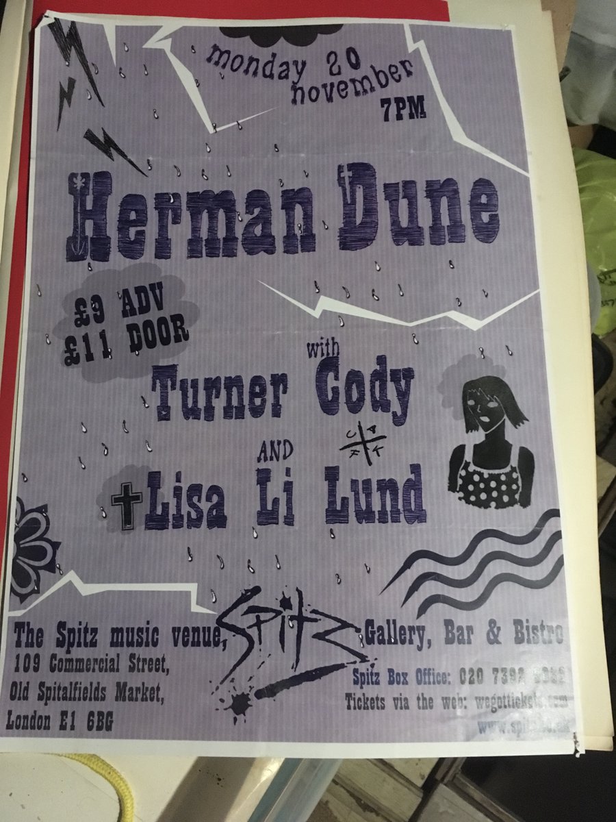 TheQuietBusker's tweet photo. An old flyer from a gig a million years ago...it was a great night. I remember chatting to David about the Silver Jews, I had seen them and he was keen to see them.  #hermandune #turnerdody #lisalilund #spitzmusic @hermandune @lisalilund https://t.co/VaL7b89A2J