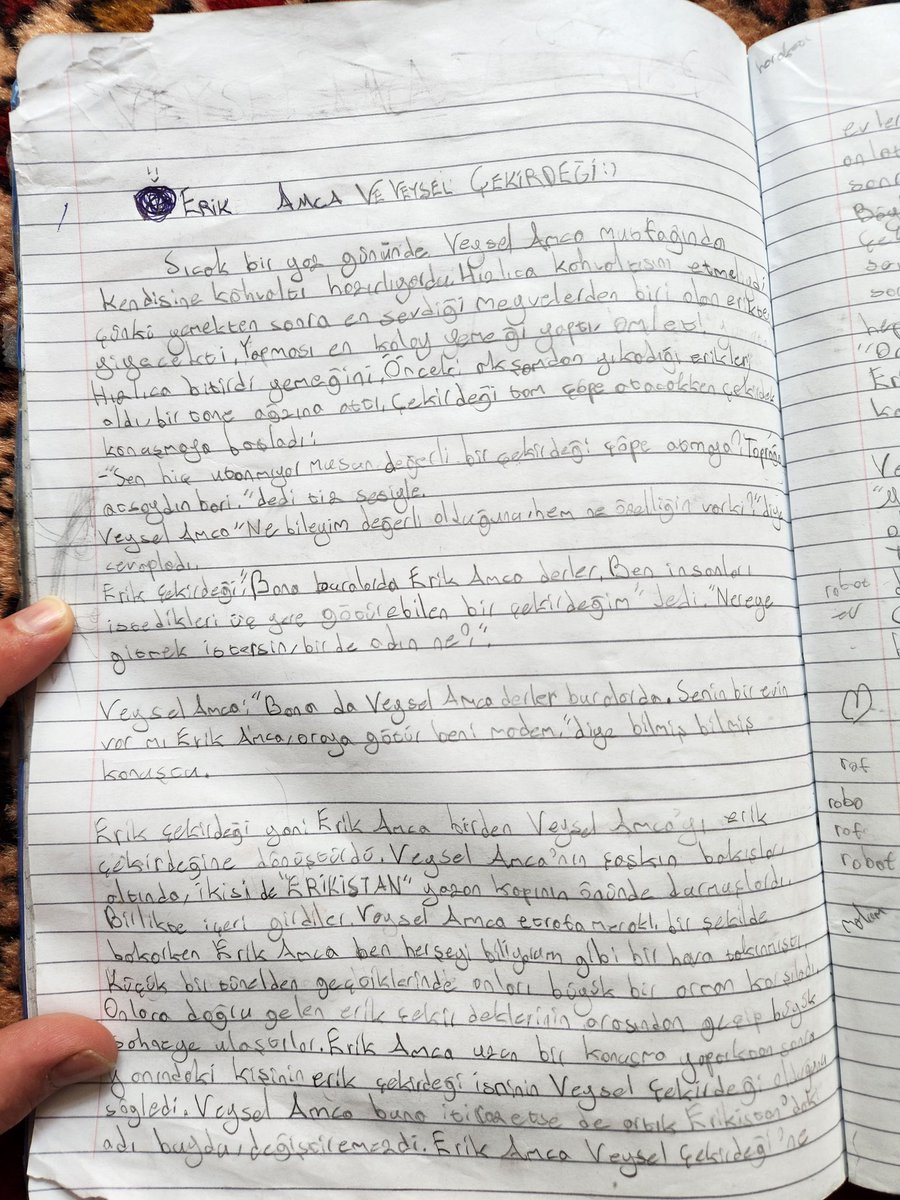 Yeğenim Şevval (11) harika bir öykü yazmış. Öyküsünde beni sihirli bir numarayla daha önceki öykü kahramanlarının yaşadığı evrenlere gönderiyor. Kendi metinleri arasında geçişler yapıyor. İşte öyküsünden bir parça.
İyi bayramlar.