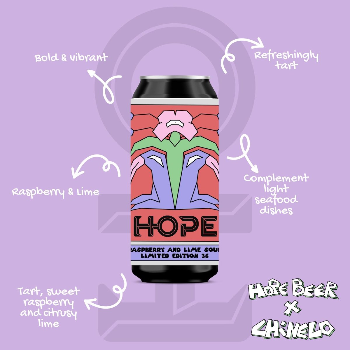 Hope Beer | Dublin Craft Brewery (@hopebeerdublin) on Twitter photo Say hello to Limited Edition No. 36, our boldest summer brew yet!
This Raspberry & Lime Sour bursts with bright, zesty fruit flavours and a crisp, mouthwatering finish. 
🎨 Featuring a striking label by Portuguese street artist Chinelo, this one-off brew is as vibrant as it looks Say hello to Limited Edition No. 36, our boldest summer brew yet!
This Raspberry & Lime Sour bursts with bright, zesty fruit flavours and a crisp, mouthwatering finish. 
🎨 Featuring a striking label by Portuguese street artist Chinelo, this one-off brew is as vibrant as it looks