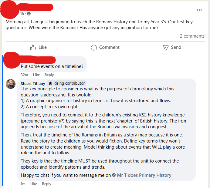 Just a response from me about how we might make more of chronology lessons in primary :) 

Anonymised the poster and other response for politeness reasons.