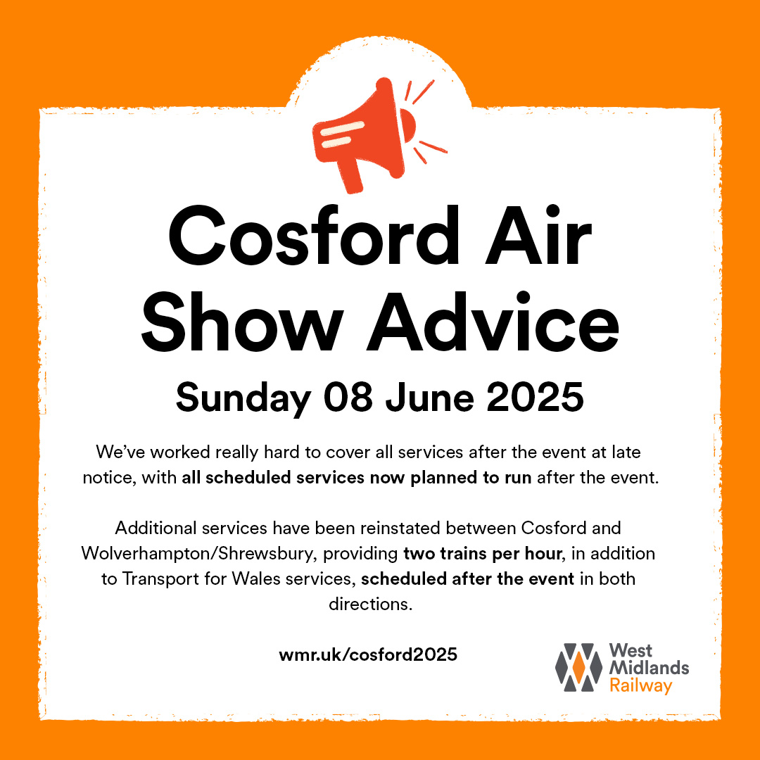 West Midlands Railway (@westmidrailway) on Twitter photo โ๏ธ #WMRINFO - Cosford Air Show update (12:00 08/06)
๐ข All services, including additional services, are now planned to run as scheduled.
โ ๏ธ Queuing systems will be in place after the event.
โน๏ธ Full info > orlo.uk/fr9Up
<a href="/cosfordairshow/">RAF Cosford Air Show</a> โ๏ธ #WMRINFO - Cosford Air Show update (12:00 08/06)
๐ข All services, including additional services, are now planned to run as scheduled.
โ ๏ธ Queuing systems will be in place after the event.
โน๏ธ Full info > orlo.uk/fr9Up
<a href="/cosfordairshow/">RAF Cosford Air Show</a>