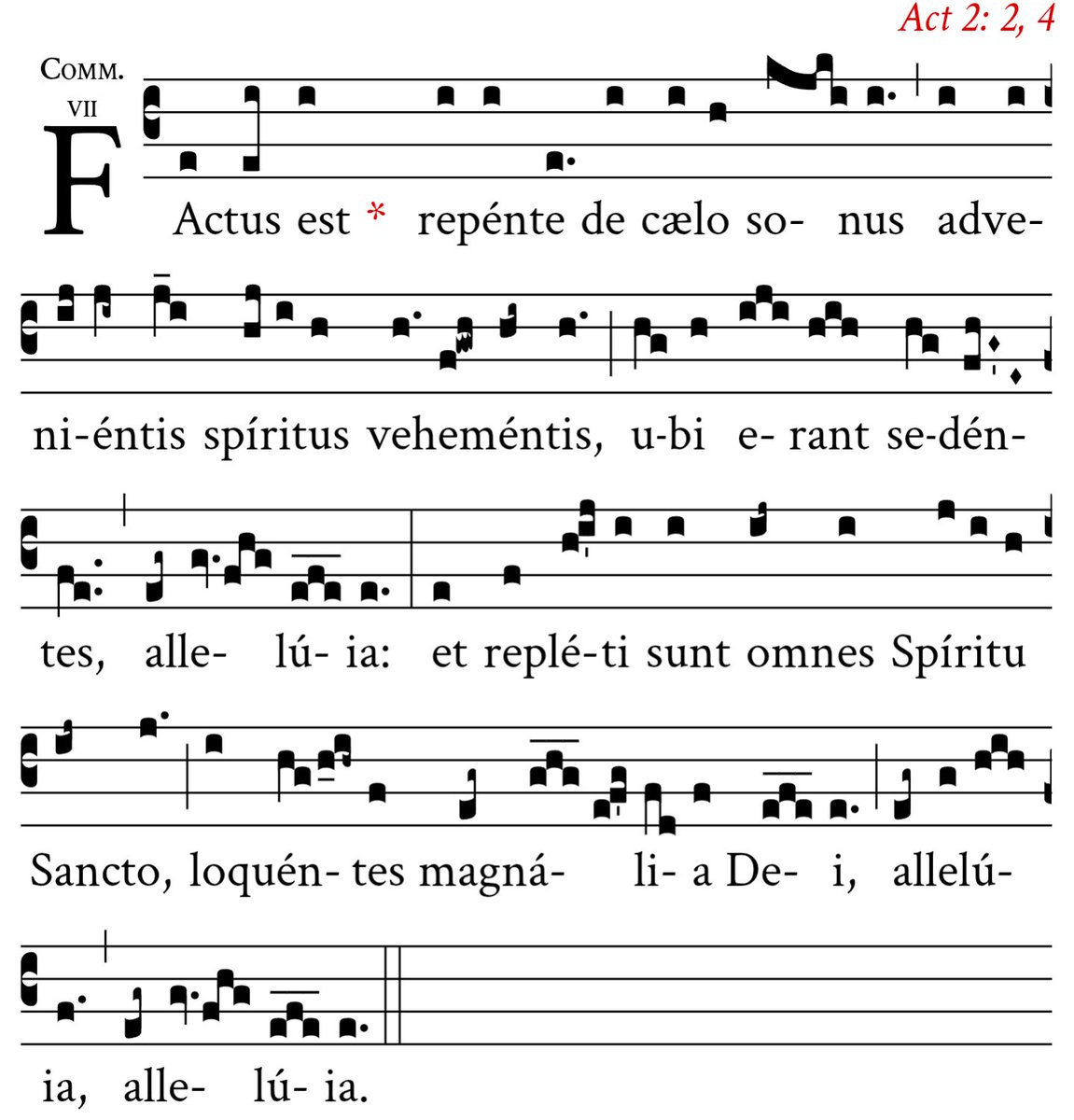 Die Communio des Pfingstfestes ist eines meiner Lieblingsstücke der Gregorianik, und es ist einer der selteneren Fälle, in denen die Musik einigermaßen offensichtlich das Geschehen illustriert: Die Quintsprünge zu Beginn bei "repente" sind so dynamisch, dass man sieht, wie das