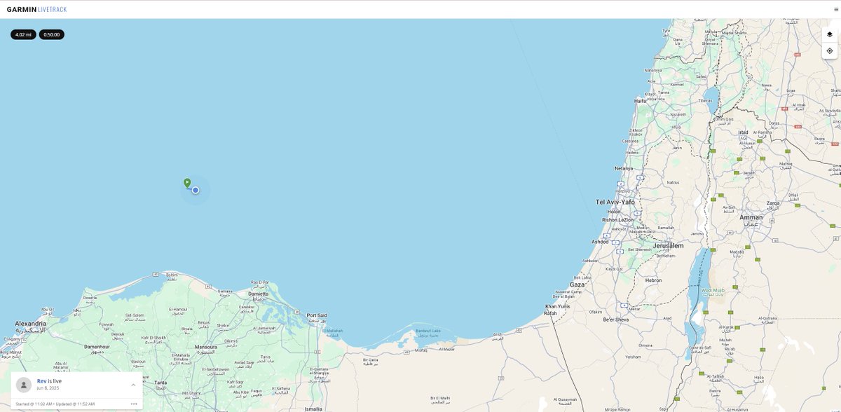 flora_vee11790's tweet photo. Madleen's first tracker seems to be  showing them having gone to the International Airport and then back out at Sea. A new tracker session has started. They still seem to be moving towards Gaza.  Keep eyes on the Madleen. 
#Madleen #MadleenTracker
https://t.co/MmqNva7F9d https://t.co/jAOlAPYkTJ