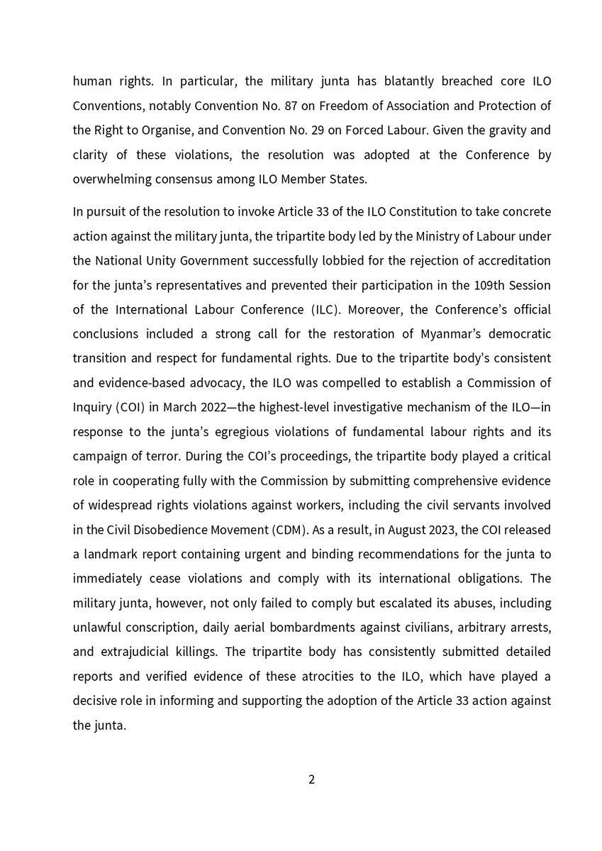 NUGMyanmar's tweet image. Statement of Profound Appreciation and Commendation for Collaborative Efforts Toward the Adoption of Effective Measures Against the Military Junta Under Article 33 of the ILO Constitution at the 113th International Labour Conference
(7 June 2025)
@MoLNUGMyanmar @ilo 
#ILC2025…