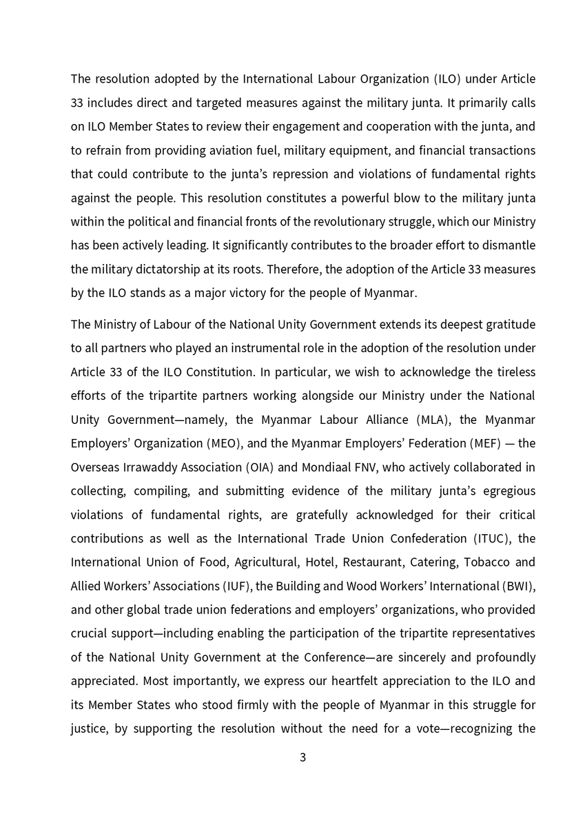 NUGMyanmar's tweet image. Statement of Profound Appreciation and Commendation for Collaborative Efforts Toward the Adoption of Effective Measures Against the Military Junta Under Article 33 of the ILO Constitution at the 113th International Labour Conference
(7 June 2025)
@MoLNUGMyanmar @ilo 
#ILC2025…