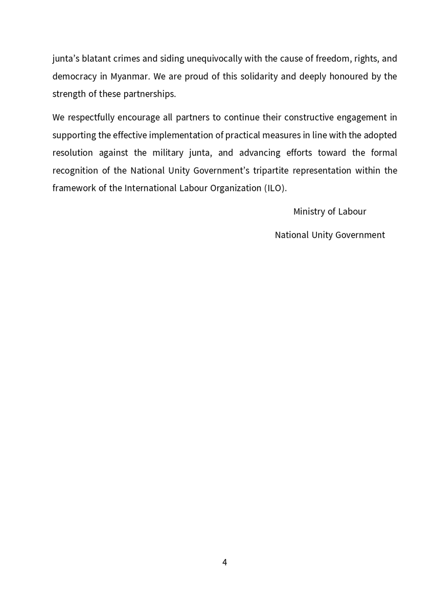 NUGMyanmar's tweet image. Statement of Profound Appreciation and Commendation for Collaborative Efforts Toward the Adoption of Effective Measures Against the Military Junta Under Article 33 of the ILO Constitution at the 113th International Labour Conference
(7 June 2025)
@MoLNUGMyanmar @ilo 
#ILC2025…