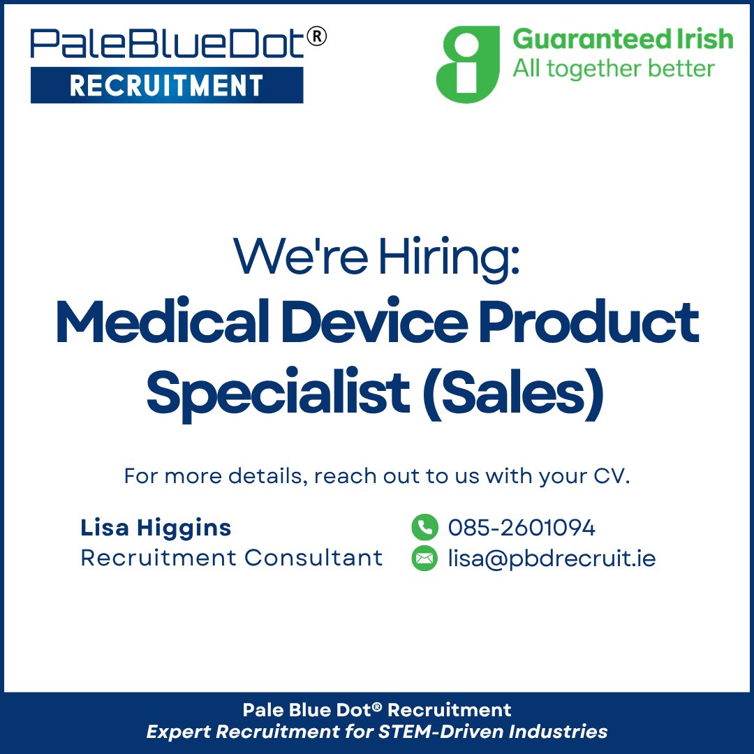A dynamic opportunity awaits for an ambitious individual to join a forward-thinking medical device organization as a Medical Device Product Specialist.

Contact Lisa or visit pbdrecruit.ie/explorejobs/#j…
for all the details
#PaleBlueDotRecruitment