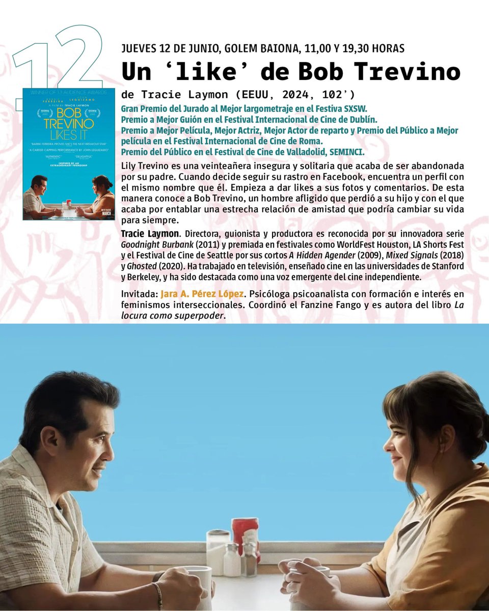 12/06 | #UnLikeDeBobTrevino (Tracie Laymon)
Un encuentro inesperado. Una historia real que se volvió viral y profundamente humana.

 🎤Coloquio con Jara Pérez López.
📆 12 de junio
 🕒 11:00 y 19:30
 🎟️ golem.es/golem/pelicula…
 📍 <a href="/GolemPamplona/">Cines Golem Pamplona</a>
