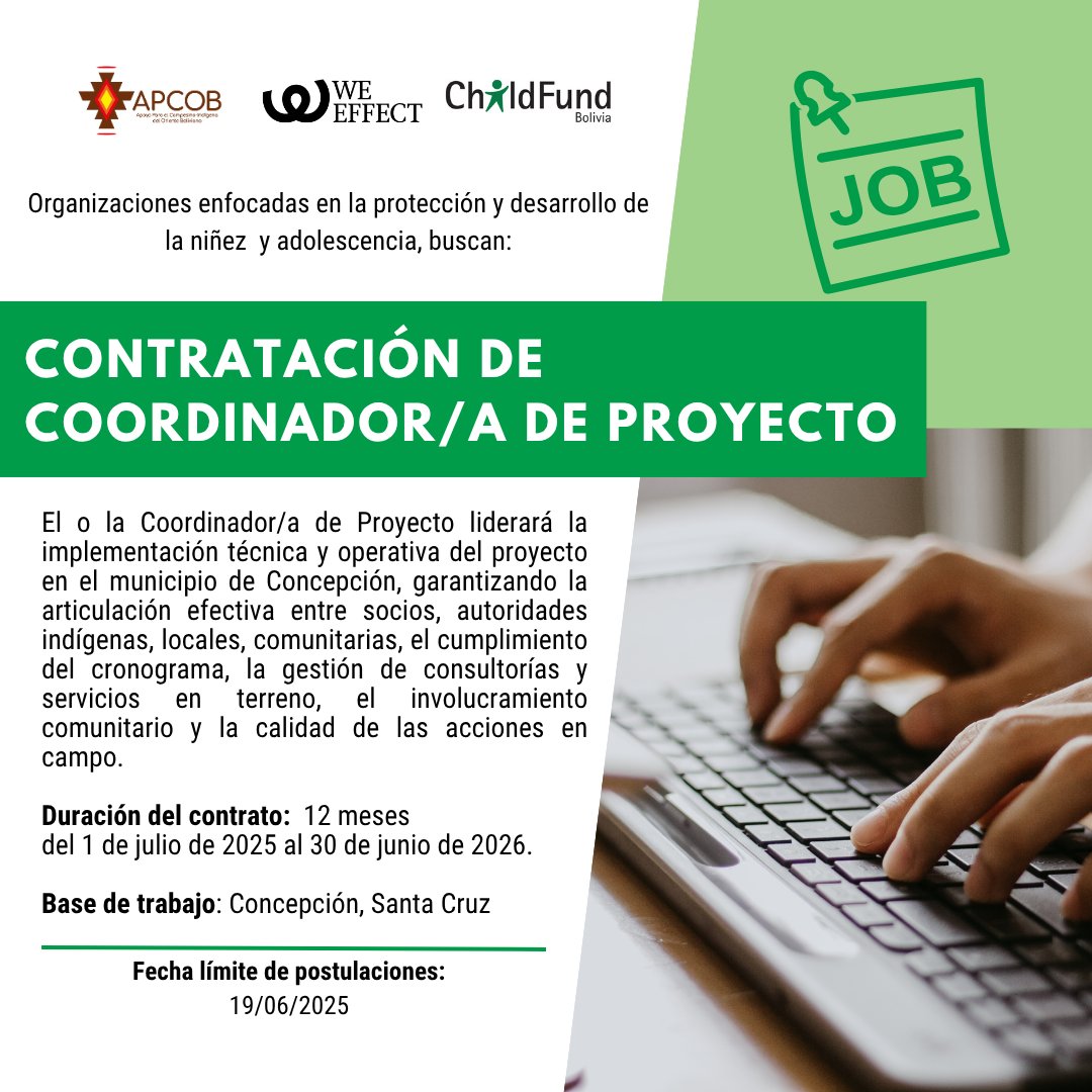 ChildFund Bolivia (@childfundbo) on Twitter photo #ConvocatoriaBolivia
#childfundbolivia te invita a postular para realizar esta consultoría.
📆Plazo de envío de propuestas: 19/06/2025.
Descarga los TRd's en el link 👉bit.ly/4mSmktU
Envío de propuestas a: comprasbolivia@childfund.org #ConvocatoriaBolivia
#childfundbolivia te invita a postular para realizar esta consultoría.
📆Plazo de envío de propuestas: 19/06/2025.
Descarga los TRd's en el link 👉bit.ly/4mSmktU
Envío de propuestas a: comprasbolivia@childfund.org