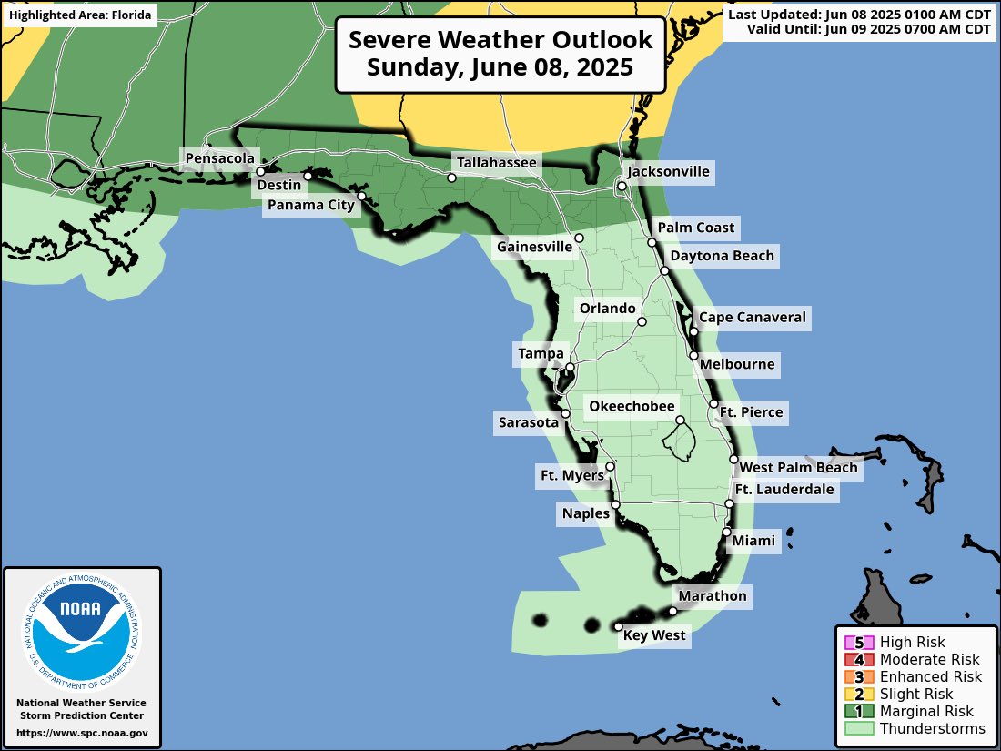Good morning! Another day of strong thunderstorms possible for the panhandle and North Florida. A marginal risk (level 1/5) exists. Biggest threat will be strong winds. Have a blessed Sunday!