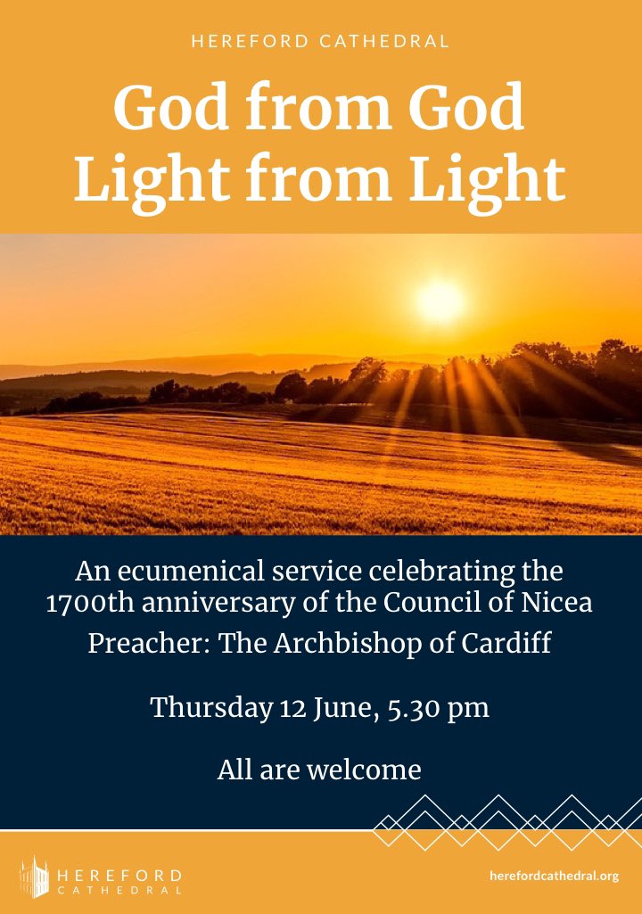 BelmontAbbeyUK's tweet image. Ecumenical service celebrating the 1700th anniversary of the Council of Nicea: Thursday 12th June at 5.30pm at Hereford Cathedral. We are delighted that Archbishop Mark will preach, and preside alongside the Bishop of Hereford. ALL WELCOME