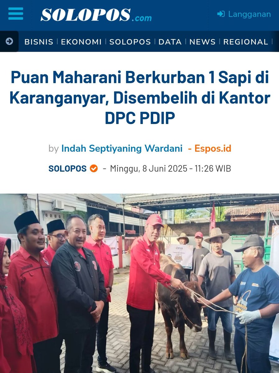 Ketua DPR RI yg juga cucu Proklamator Ir Soekarno , Puan Maharani berkurban satu ekor sapi jenis Simental di DPC PDIP Karanganyar, Jawa Tengah.
Proses penyembelihan sapi kurban dilakukan di halaman kantor Sekretariat DPC PDIP Karanganyar pada Minggu pagii