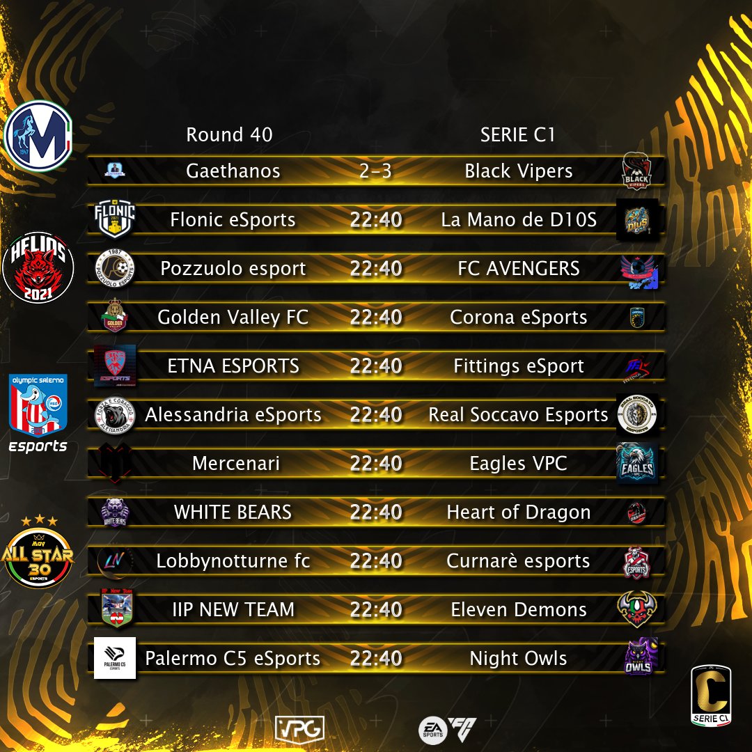 VPG Italy ๐ฎ๐น (@vpgitaly) on Twitter photo ๐ VPG Italia
โฝ๏ธ Serie C1-C2
๐ Accoppiamenti
๐
Giornata 40
Main sponsor
<a href="/EsportsMartina/">Martina eSports</a>
Sponsor
<a href="/Helios_ps5/">HELIOS ESPORTS</a>
<a href="/OlympicSaEsp/">Olympic Salerno eSports</a>
<a href="/MGV_ALL_STAR_30/">MGV ALL STAR</a> ๐ VPG Italia
โฝ๏ธ Serie C1-C2
๐ Accoppiamenti
๐
Giornata 40
Main sponsor
<a href="/EsportsMartina/">Martina eSports</a>
Sponsor
<a href="/Helios_ps5/">HELIOS ESPORTS</a>
<a href="/OlympicSaEsp/">Olympic Salerno eSports</a>
<a href="/MGV_ALL_STAR_30/">MGV ALL STAR</a>