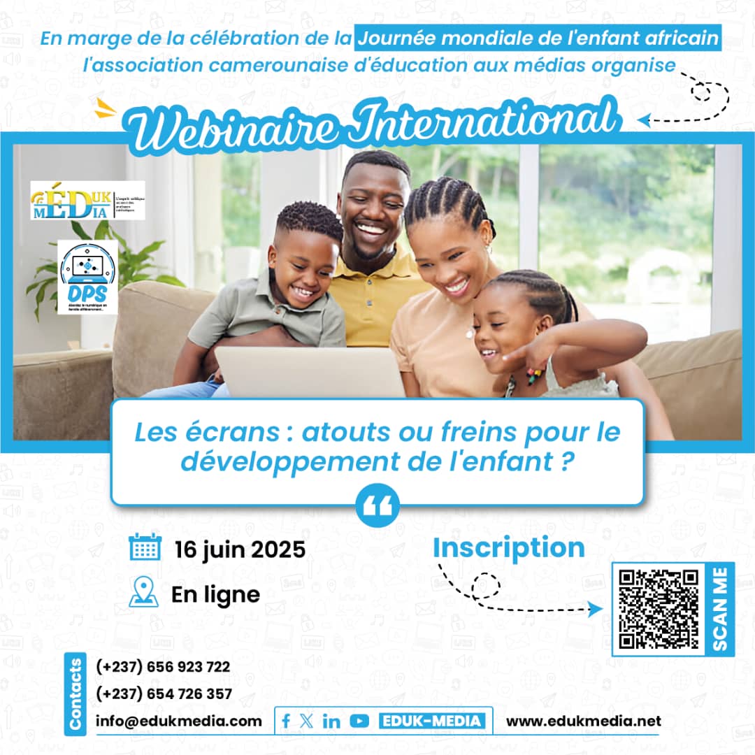 🎉 Le 16 juin, pour la Journée de l’enfant africain, ne manquez pas notre webinaire 📱

« Les écrans : atout ou frein au développement de l’enfant ? »

🕒 14h–16h | 🌐 En ligne
🔗 Inscrivez-vous vite : edukmedia.net/inscription-we…

#ParentalitéNumérique #ÉducationNumérique #EMI