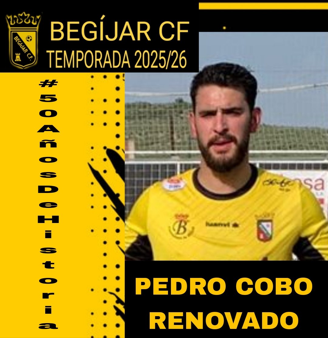 RENOVACIONES 
TEMPORADA 
2️⃣0️⃣2️⃣5️⃣/2️⃣6️⃣

Hoy anunciamos la renovación de un jugador con mucho gol.

PEDRO COBO jugará su tercera temporada en el Begíjar CF. 

Sus 30 goles en las 2 temporadas jugadas le avalan como el 5° máximo goleador del club.

Gacias

💛🖤

#50AñosDeHistoria