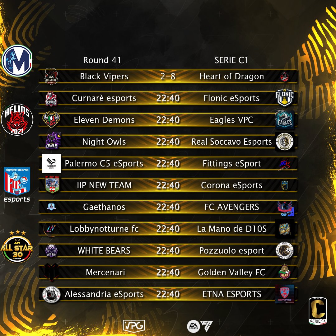 VPG Italy ๐ฎ๐น (@vpgitaly) on Twitter photo ๐ VPG Italia
โฝ๏ธ Serie C1-C2
๐ Accoppiamenti
๐
Giornata 41
Main sponsor
<a href="/EsportsMartina/">Martina eSports</a>
Sponsor
<a href="/Helios_ps5/">HELIOS ESPORTS</a>
<a href="/OlympicSaEsp/">Olympic Salerno eSports</a>
<a href="/MGV_ALL_STAR_30/">MGV ALL STAR</a> ๐ VPG Italia
โฝ๏ธ Serie C1-C2
๐ Accoppiamenti
๐
Giornata 41
Main sponsor
<a href="/EsportsMartina/">Martina eSports</a>
Sponsor
<a href="/Helios_ps5/">HELIOS ESPORTS</a>
<a href="/OlympicSaEsp/">Olympic Salerno eSports</a>
<a href="/MGV_ALL_STAR_30/">MGV ALL STAR</a>