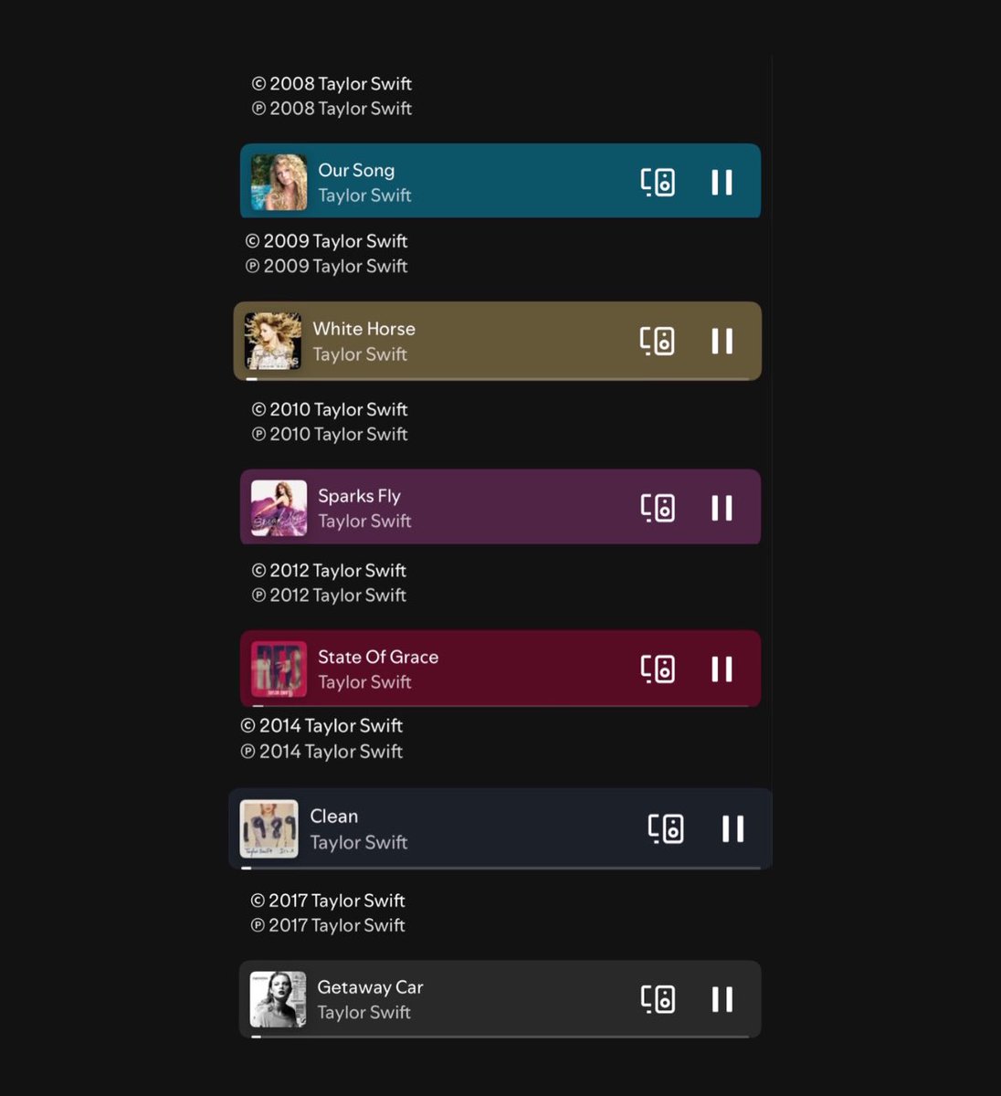 É TUDO DELA! ❤️

O Spotify atualizou os créditos de direitos autorais dos álbuns antigos de Taylor Swift.