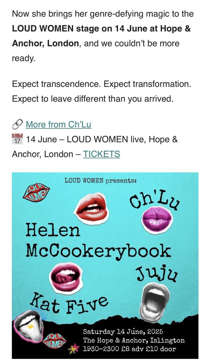 Ch'Lu (@chluvibration) on Twitter photo Thank you to <a href="/loudwomenclub/">💋 LOUD WOMEN 💋</a> for this write-up ahead of my headline gig at London’s iconic Hope & Anchor!
June 14th <a href="/TheHopeLiveN1/">Hope and Anchor Live</a>
Tickets: link.dice.fm/C60906881348
#gigs #london #livemusic
loudwomen.org/2025/05/31/lou… Thank you to <a href="/loudwomenclub/">💋 LOUD WOMEN 💋</a> for this write-up ahead of my headline gig at London’s iconic Hope & Anchor!
June 14th <a href="/TheHopeLiveN1/">Hope and Anchor Live</a>
Tickets: link.dice.fm/C60906881348
#gigs #london #livemusic
loudwomen.org/2025/05/31/lou…