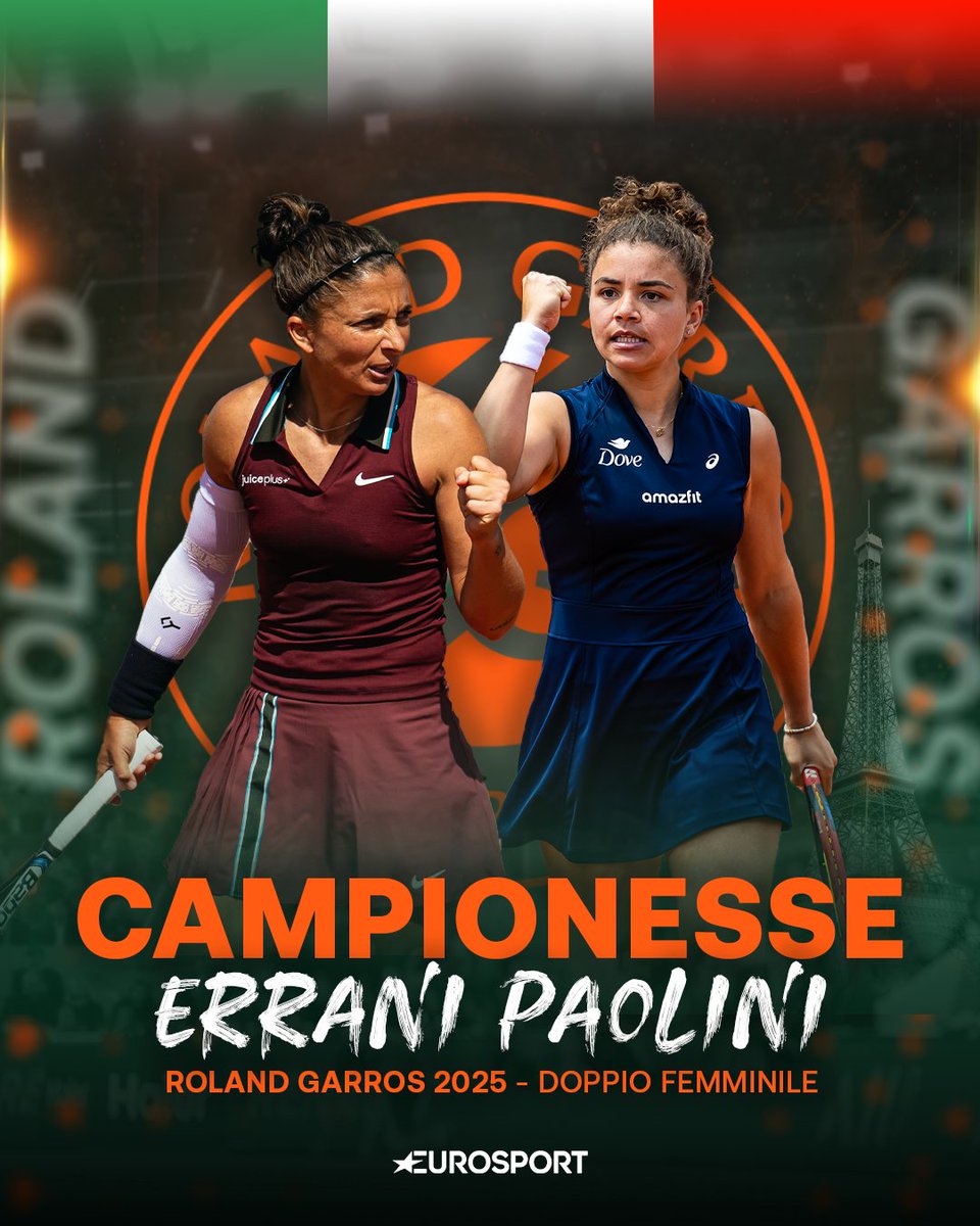 LE NOSTRE RAGAZZE CI PORTANO IN PARADISO ✨🏆

Sara Errani e Jasmine Paolini battono in finale Krunic e Danilina in tre set e vincono il titolo di doppio del Roland Garros! 🇮🇹

È il primo trofeo Slam in coppia della loro carriera 🧡🧡🧡

#EurosportTennis #RolandGarros