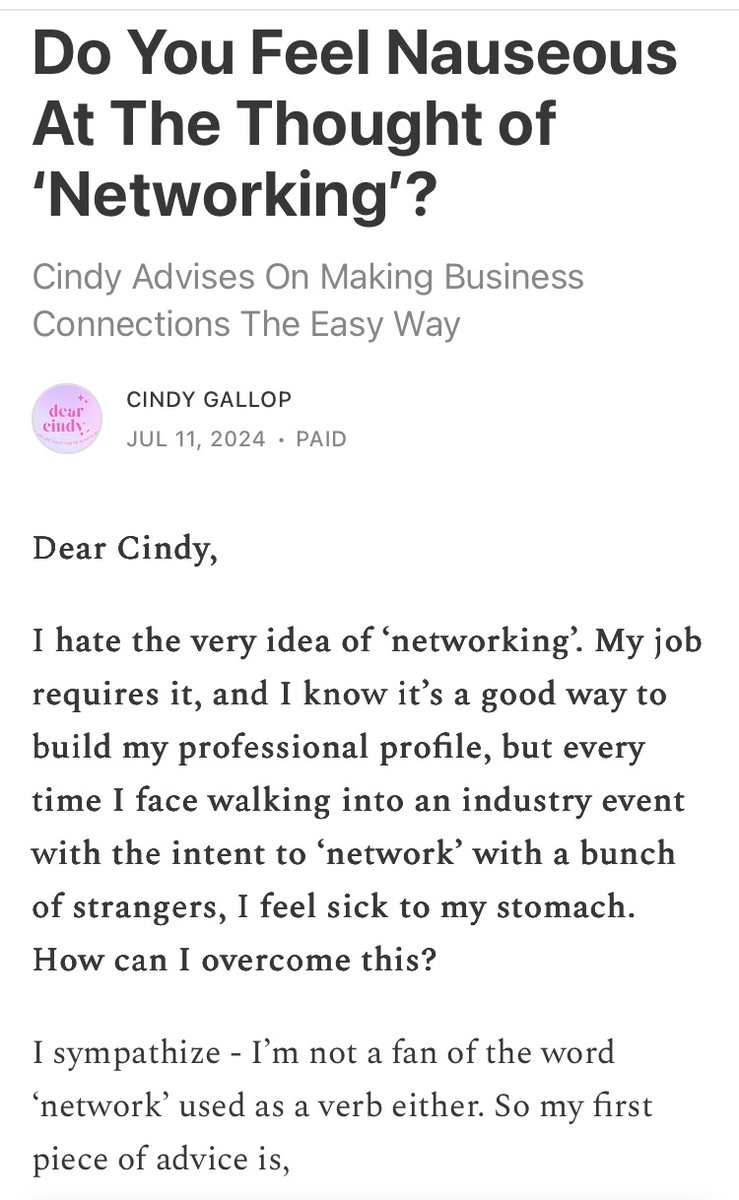 cindygallop.eth (@cindygallop) on Twitter photo Today's <a href="/BusinessInsider/">Business Insider</a> newsletter stresses the importance of 'networking'. If that makes you feel nauseous, I have some advice: dearcindy.substack.com/p/do-you-feel-… Today's <a href="/BusinessInsider/">Business Insider</a> newsletter stresses the importance of 'networking'. If that makes you feel nauseous, I have some advice: dearcindy.substack.com/p/do-you-feel-…
