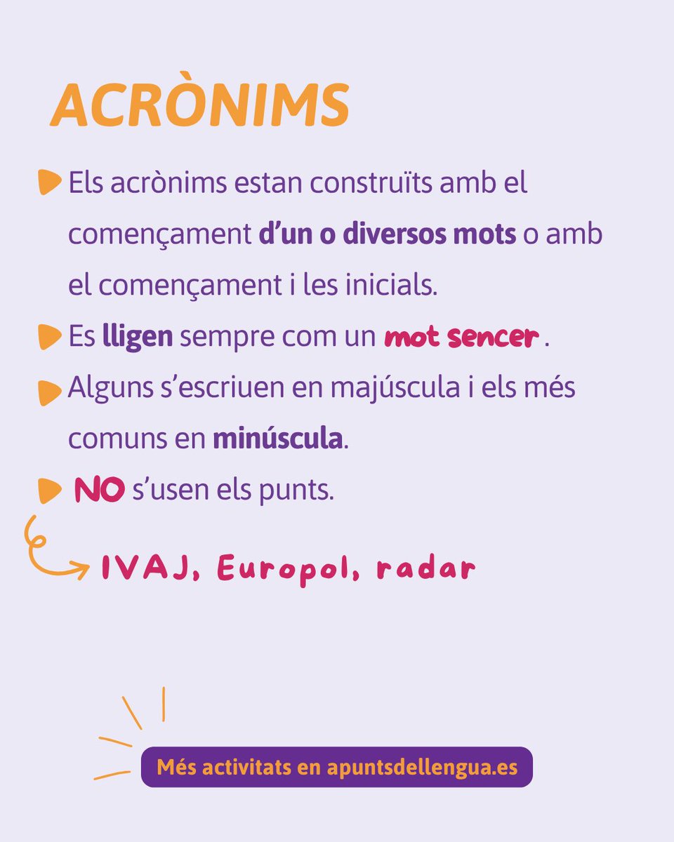 ❔Saps quina diferència hi ha entre una sigla i un acrònim?

🖊️Descobrix-ho amb esta fitxa i practica-ho amb l'activitat disponible en este enllaç: bit.ly/diferència-sig…