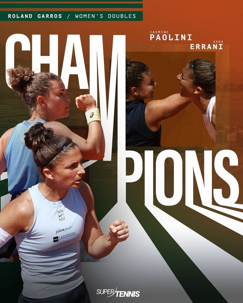 C A M P I O N E S S E  🇮🇹 🏆

Sara #Errani 🇮🇹 e Jasmine #Paolini 🇮🇹 VINCONO il primo Slam insieme al #RolandGarros,  lì dove presero l'Oro 🥇

64 26 61 a Dalinina 🇰🇿 e Krunic 🇷🇸: il #tennis italiano porta a casa un altro Slam 🏆

Grazie Ragazze ❤️
#RG25 #RolandGarros2025