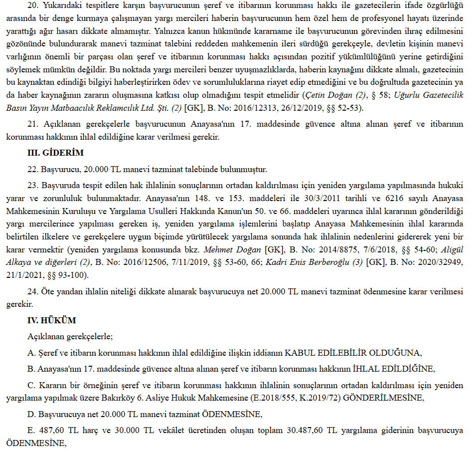 ANAYASA MAHKEMESİNDEN ÖNEMLİ KARAR

Açığa alındığı/İhraç edildiğine dair haberin kimlik bilgileri açık bir şekilde yayınlanan başvurucunun ŞEREF ve İTİBARIN KORUNMASI HAKKI'nın İHLAL EDİLDİĞİNE  ve 20.000 TL ödenmesine karar vermiştir.