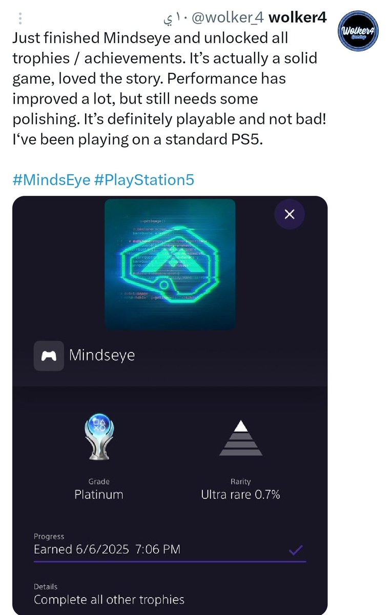 رأي أحد اللاعبين بعد انهاءه للعبة MindsEye 👀👇:

"انتهيت للتو من لعبة MindsEye وجمعت كل الجوائز. اللعبة رائعة، وأحببت قصتها. الأداء تحسّن بشكل كبير، لكنه ما زال يحتاج لبعض التحسينات. اللعبة قابلة للعب بالتأكيد وليست سيئة أبدًا! لقد لعبتها على جهاز PS5 العادي."

#MindsEyeGame