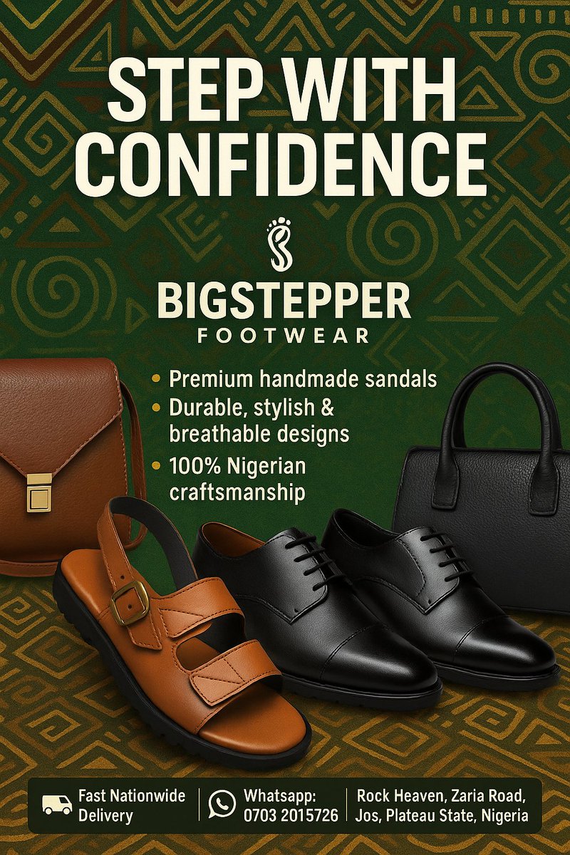 Shefi33's tweet image. 👣 Step Up with BigStepper!
Handmade sandals, shoes &amp;amp; bags designed for kings and queens who move with purpose.
💼 Premium quality
🚚 Fast delivery
📍 Jos, Nigeria
📲 WhatsApp: 0703 281 5726
📩 anya1511405@gmail.com
#BigStepper #MadeInNigeria #SupportLocal #JosBusiness #Luxury🫶