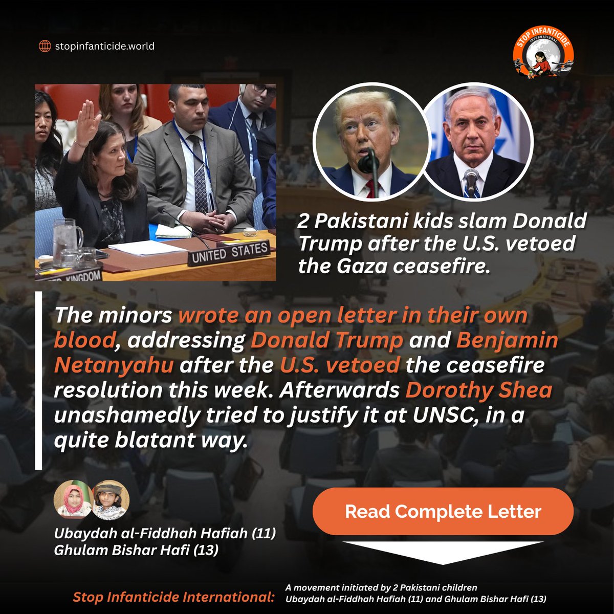 stop_infanticid's tweet photo. 🛑 2 Pakistani children slam @realDonaldTrump  after the U.S. vetoed the Gaza ceasefire.
They wrote to @realDonaldTrump  & @netanyahu  in their own blood.
Dorothy Shea then tried to justify it at the UNSC in a blunt speech.
📖 Read their letter ➡️ https://t.co/IW2ItxYJGh

#GazaCeasefire #StopInfanticide #Palestine #UNSC #UbaydahAlFiddhah #GhulamBisharHafi