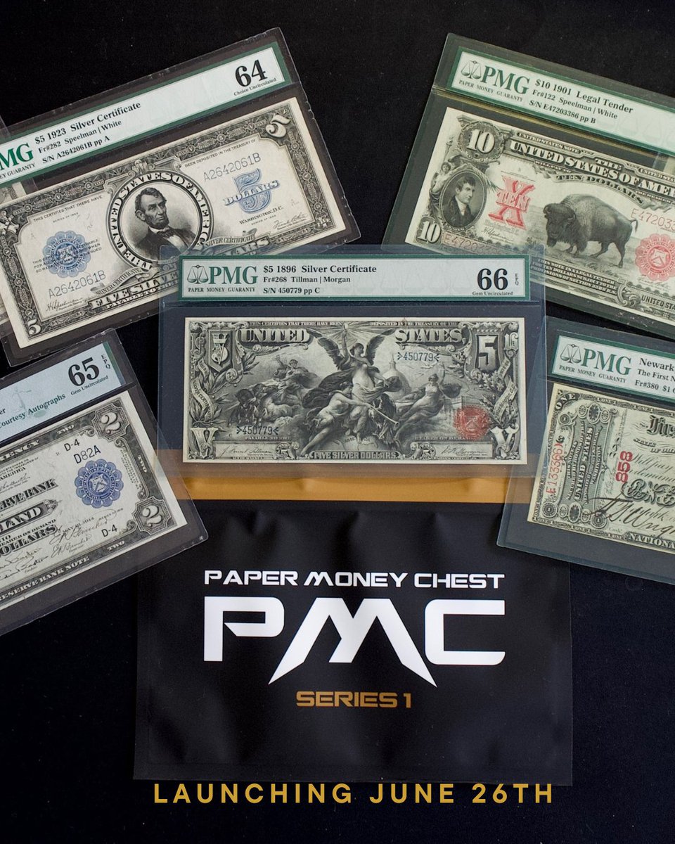 PaperMoneyChest's tweet image. From silver to bison to bank history—Series 1 is loaded.
1,100 sealed chests. One holds a $33,000 note.
Launching June 26. 💼💰

#PaperMoneyChest #Series1Drop #RareNotes #PMGGraded #Numismatics #MysteryBox