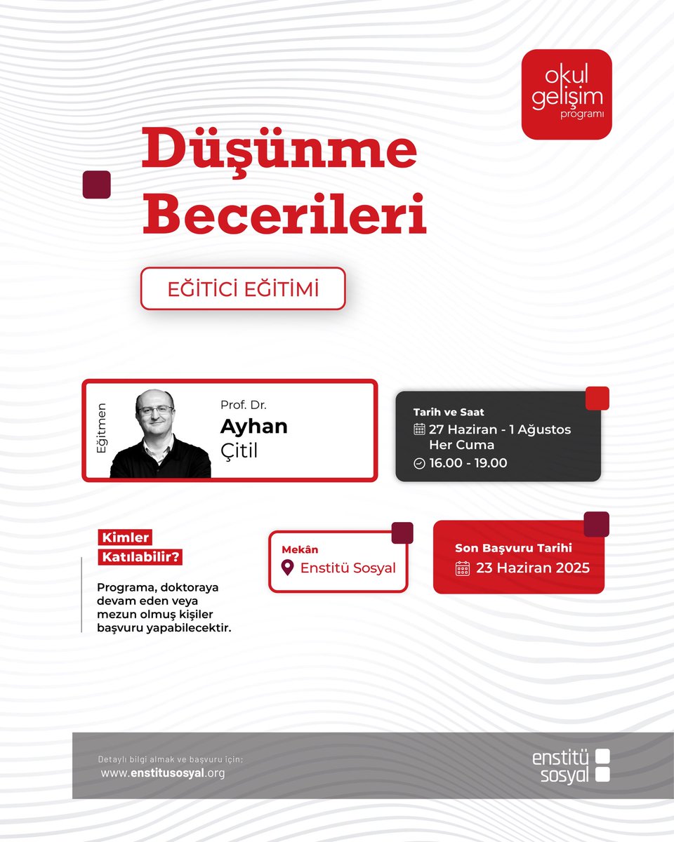 İlkokul kademesinde düşünme becerileri eğitimini sınıf ortamında uygulayabilmelerine yönelik eğitimcilere rehberlik etmeyi amaçlayan Düşünme Becerileri Eğitimi başlıyor!

Prof. Dr. Ayhan Çitil rehberliğinde gerçekleşecek eğitimde eleştirel, analitik ve yaratıcı düşünme