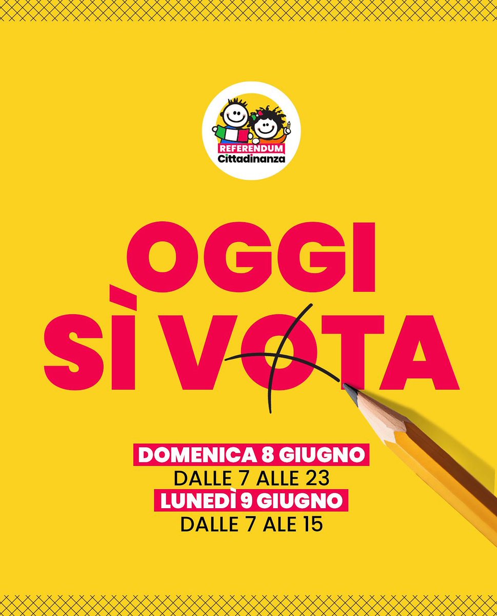 🟨 Il Referendum sulla Cittadinanza è quello con la scheda GIALLA.

🗓️ Si vota oggi domenica 8 giugno dalle 7:00 alle 23:00, e domani lunedì 9 giugno dalle 7:00 alle 15:00. Ricorda: l’affluenza nelle prime ore sarà decisiva!

Il tuo voto è fondamentale. 
#referendum2025
