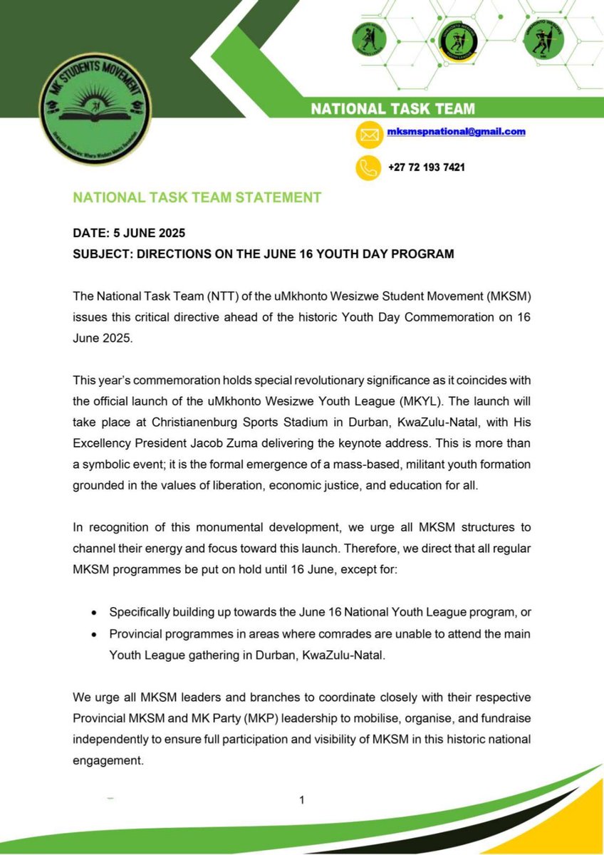 MKSM_Official's tweet image. ALL ROADS LEAD TO DURBAN. JUNE 16 IS NOT A CELEBRATION , IT’S A CALL TO ACTION, JOIN US AS WE LAUNCH THE FUTURE OF YOUTH POWER WITH THE MK YOUTH LEAGUE.